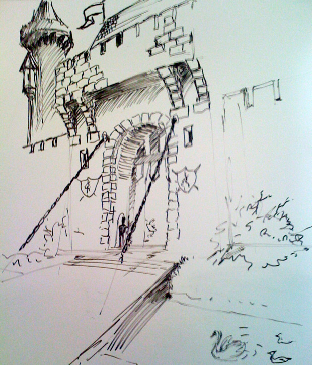 Sketch of a castle on a whiteboard done with markers